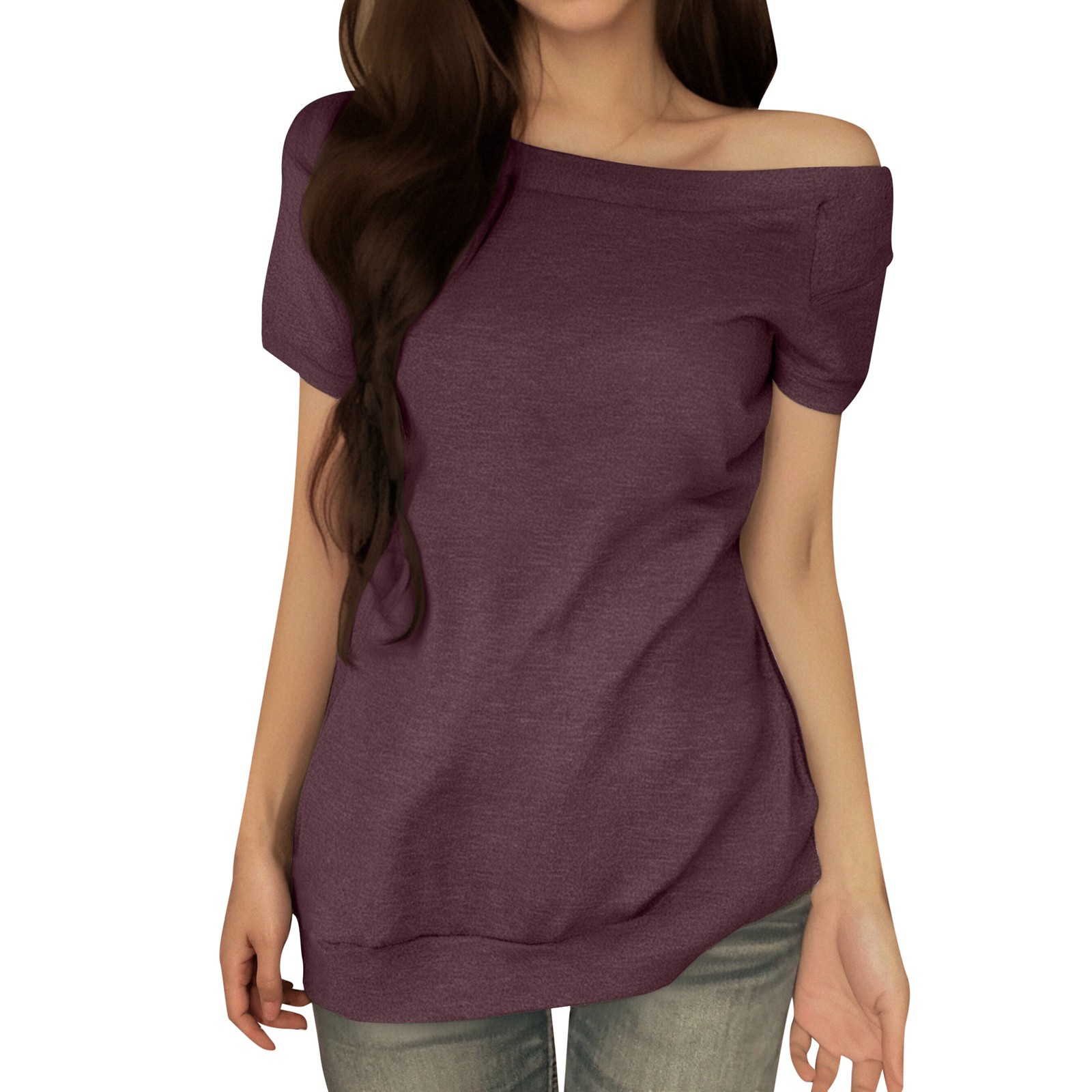 thumbnail image 1 of Blusa de manga corta con hombros descubiertos para mujer - Camiseta informal de verano de color liso, 1 of 6